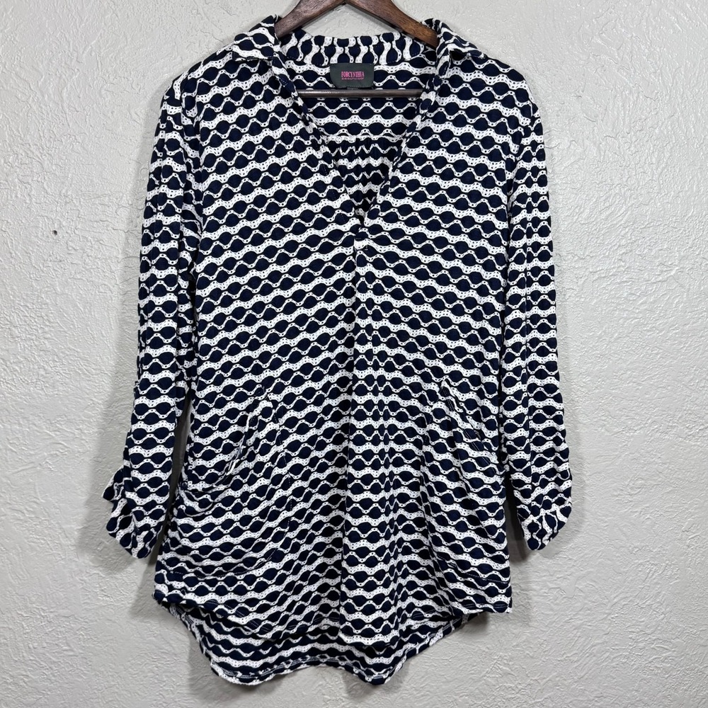 ForCynthia Beachwear‎ Tunic Top Pullover Swim Cover Large Textured Navy Coastal